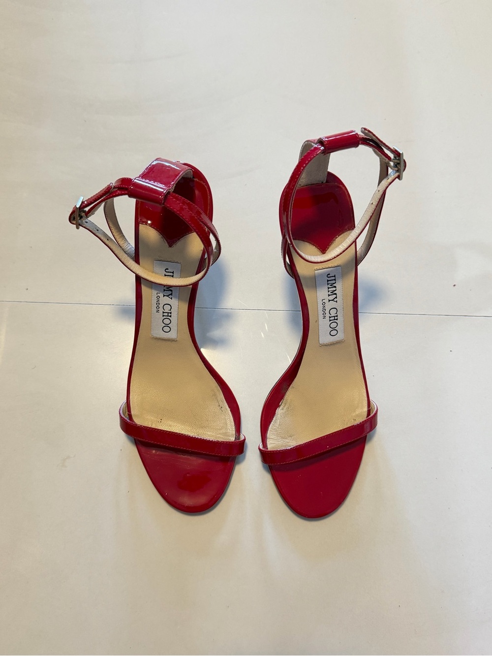 Jimmy Choo Red Patent Ankle-Strap Sandals with Slim Heel